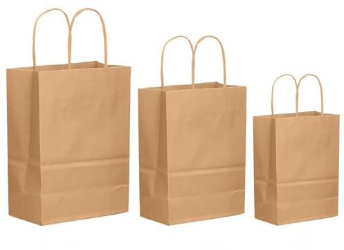 ADRI. Bolsas de Papel Kraft con Asas, Pack 100 Unidades, 3 Tamaños Surtidos: Grandes, Medianas y Pequeñas (100 unidades (g: 33, m: 33, p: 34))