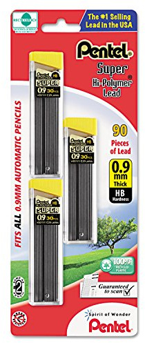 Pentel Super Hi-Polymer Lead Refills, (0.9 mm), Thick, HB, Pack of 3, 90 Pieces of Lead (C29BPHB3)