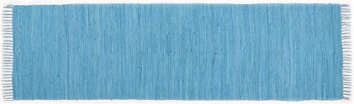 Theko | Dhurry Teppich aus 100% Baumwolle Flachgewebe Teppich Happy Cotton | handgewebt | Farbe: Türkis | 70x250 cm