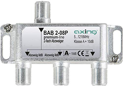 Axing BAB 2-08P 2-fach Abzweiger 8dB Kabelfernsehen CATV Multimedia DVB-T2 Klasse A+, 10dB, 5-1218 MHz metall