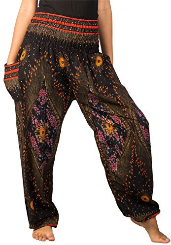 Lofbaz Damen Haremshose Festival Boho Outfit Yogahose Sommerhose Leicht Pumphose Hippie Hose Kleidung Sommer Hosen - Floral 1 Schwarz S