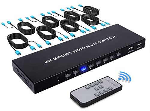 KVM Switch HDMI 8 Ports, 4K@30Hz USB HDMI KVM Switch 8 in 1 Out, Share Monitor and USB Keyboard, Mouse, Included 8 KVM Cables