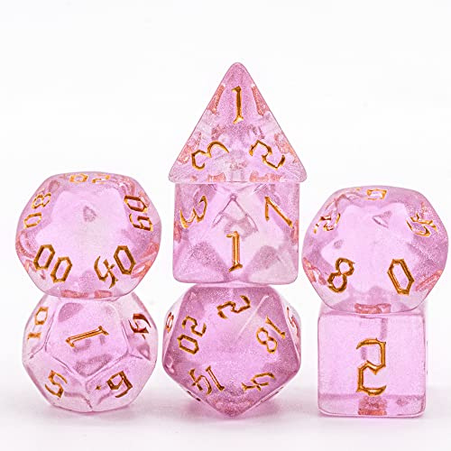Cusdie 7Pcs/Set DND Dice Set D&D Polyhedral Dice for Dungeons and Dragons TTRPG Role Playing Dice Games RPGs (Pink with Sickle Font)