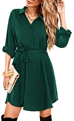 Beluring Ladies Petite Long Sleeve Shirt Dresses Casual Midi Dress Dark Green Size 16 18