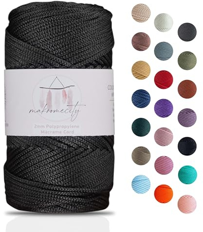 Makromecity makramégarn 2 mm x 115 m premium polyester makramérep polypropylen garn för hantverk heminredning platsplatta axelväska handväska löpare nappkedja 20 färger (svart)