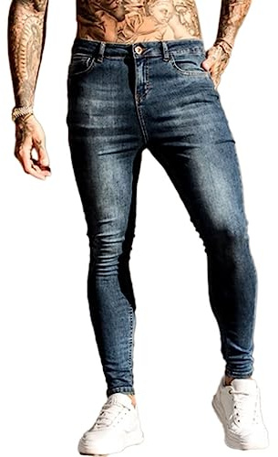 Osheoiso Vaqueros Rasgados de Hombre Skinny Denim Jeans Vintage Pantalone con Cremallera Moda Casuales Elasticos Agujero Pantalón Largo Vaqueros Ajustados H Azul Oscuro L