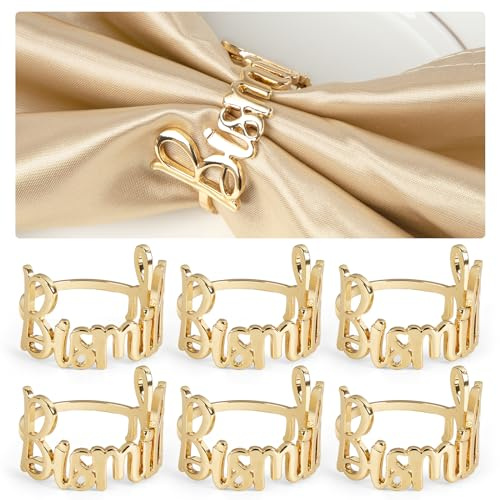 COCHIE Servettringar guld Bismillah brev, metall servettring servettspännen blad för ramadan, bankett, bröllopsfest, middag, årsdag, bordsdekoration, 6 stycken