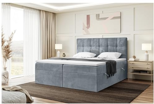MEBLINI Boxspringbett mit Bettkasten - 200x220 - H4/Grau Samt - Kai - Gepolstert Doppelbett mit Matratze und Topper - Polsterbett mit Stauraum - Bett mit Kopfteil - Stauraumbett