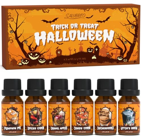 SALUBRITO Halloween Essential Oils Set, Pumpkin Pie, Spiced Cider, Caramel Apple, Candy Corn, Snickerdoodle, Witch's Brew Scented Oils for Diffuser, Candle, Soap Making, Premium Autumn Fragrance Oils