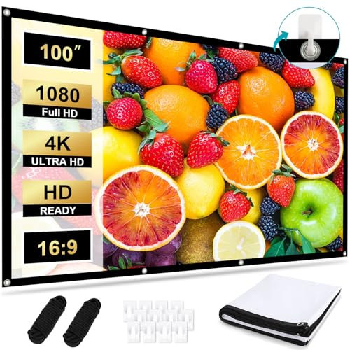 HRS Proyector Lienzo de 100 pulgadas, Fácil Colgante 16: 9 Pantalla de Proyector 4K HD Pantalla Portátil Plegable Antiarrugas Proyección de Doble Cara 221 x 125 cm, Lona Exterior para Camping y Cine