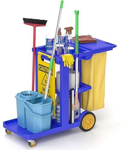 ybaymy Carro de limpieza con 3 compartimentos, carrito de limpieza profesional, 83 x 46 x 90 cm, carrito con 4 ruedas, gran capacidad, 65 L, bolsa de basura para servicios de hoteles, centros