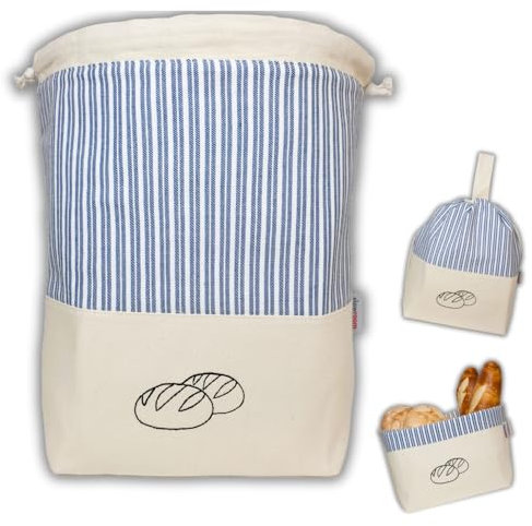 slowroom Sac à pain pour la conservation et la fraîcheur 3 en 1 - Panier à pain en tissu - Sac à pain en coton - Boîte à pain 32 x 35 cm, Bleu
