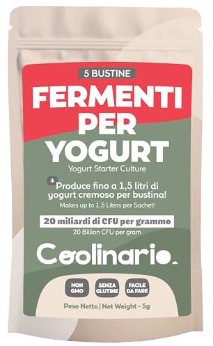 Coolinario Ferment Lactique Yaourt (5 Sachets de 1g) Cultures Vivantes pour Yaourt Maison | Crémeux, Épais & Savoureux | Sans OGM, Sans Conservateurs, Sans Gluten | Halal, Kasher