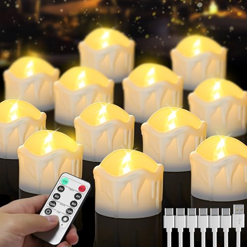 daphomeu Lot de 12 bougies chauffe-plat LED rechargeables avec télécommande et minuterie, blanc chaud, sans flamme, rechargeables par USB, pour mariage, Noël, Halloween, décoration d'intérieur