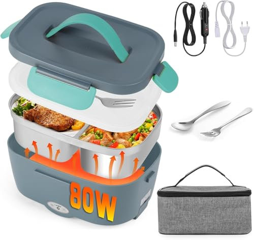 Carastek 80W Fiambrera Eléctrica 3 en 1 Calentador de Comida Portatil 12V 24V 220V para Coche Camión y Trabajo Fiambrera Termica Termo Comida Caliente Acero Inoxidable 1.5L Tartera Eléctrica Portatil