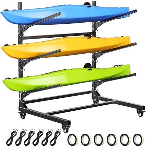 POKIPO Kayak Storage Rack,Heavy Duty Kayak Stand with Wheels 3 Layer Freestanding Wall Mount Rack Adjustable Kayak Rack for Garage Dock Backyard Outdoor Storage