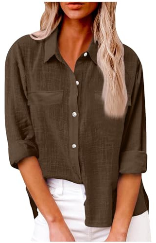 Camisa de lino con botones, tops de muselina para mujer, camisas de manga larga con cuello en V, blusas sueltas casuales para otoño 2024, con bolsillos, camisa plisada de verano y otoño, marrón, M