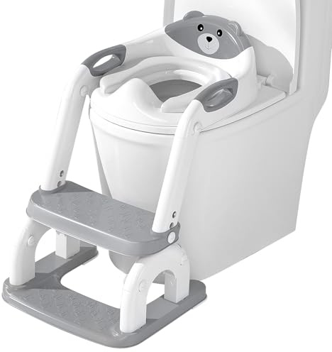 Asiento de inodoro infantil con escalera, plegable, material de PP, antideslizante, con asa, adecuado para niños a partir de 2 años, para niños y niñas (gris)