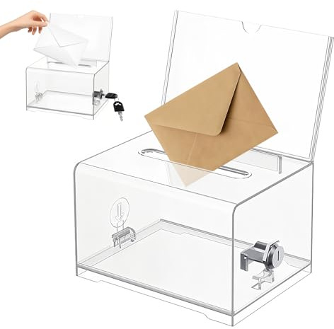 Akryldispenserlåda, låsbar kassakåda, transparent förvaringslåda, sparburk med nyckel, urna, donationslåda genomskinlig kommentarbok, förslagsbox för stämningar, vinstspel