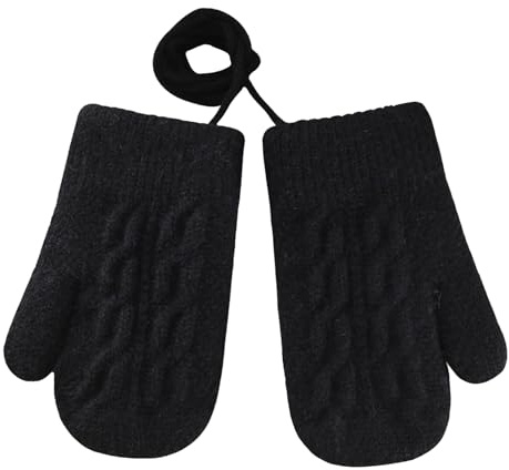 TINAYAUE Kids Toddler Warm Winter Gloves Cute Knitted Thermal Mittens On String Infant Baby Boys Girls Thick Cold Weather Full Finger Insulated Ski Gloves for 1-3 Years (Black, One Size)
