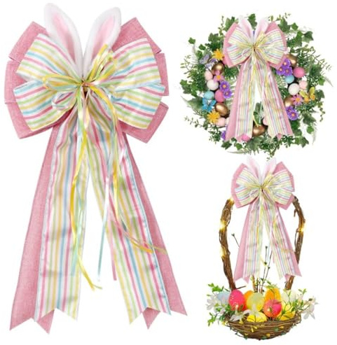 Large Easter Wreath Bows Rabbits Burlap Tree Topper Bows Decorative Bunny Ears Ribbon Bow Holiday Indoor Outdoor Decorations (Multi-color, One Size)