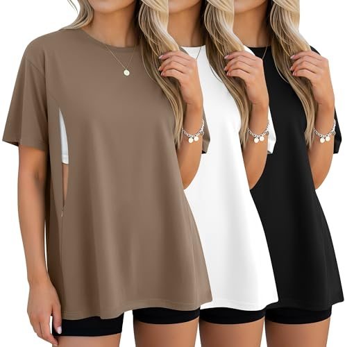 Xuniea Lot de 3 Tops d'allaitement Maternité pour Femme Oversize Manches Courtes Fermeture Éclair Dissimulée Coupe Ample(L,Marron Clair, Blanc, Noir)