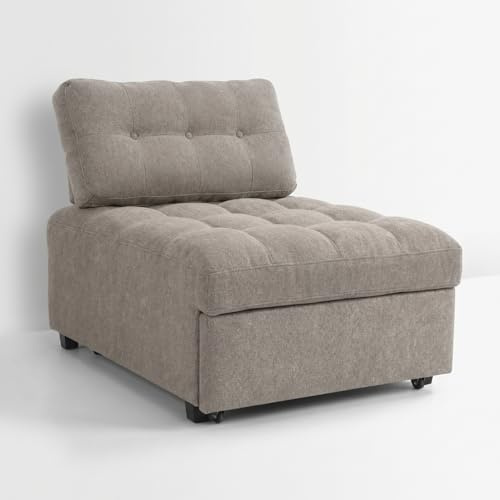 MAKA Poltrona Letto Singolo Salvaspazio Clic Clac, Divano Letto 1 Posto Reclinabile con Poggiapiedi, Pouf Letto con Materasso e Cuscino, Chaise Longue in Tessuto, Colore Tortora, 200x87x88 cm