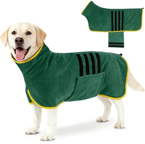AOOTE Peignoir en Microfibre pour Chien,Serviette Bain Chien avec Velcro et Bande Rétractable Réglable,Serviette Peignoir Chiens Super Absorbante pour Séchage Rapide après Bain,Vert foncé,XL
