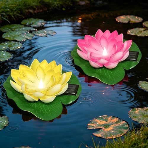 RNPKZ 2 fiori galleggianti, ninfee artificiali, impermeabili, a energia solare, per giardino, cortile, piscina, fontane e acquari, decorazione per esterni (rosa + giallo)
