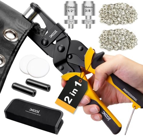 XOOL Ögletång – Öljetteringsverktyg med 12 mm & 10 mm huvuden, verktygsfritt snabbbyte och magnetisk positionering, inkl. 400 öljetter och brickor för presenning, canvas, tyg, banderoller, läder & DIY