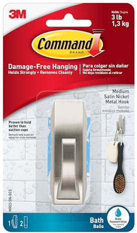 Command Bath Hook, Medium, Satin Nickel Metal - Water Resistant - 1 Medium Hook and 2 Adhesive Strips - Hang Towels, Robes and Other Bathroom Accessories - Ideal to Avoid Drilling Through Tiles