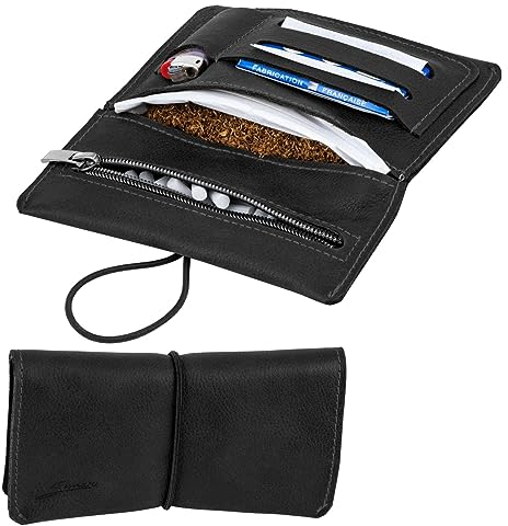 SIMARU Leder Tabaktasche für 30g Tabakbeutel, Dreher-Tasche aus Echtleder mit Filterfach & Blättchen-Halter (Schwarz)
