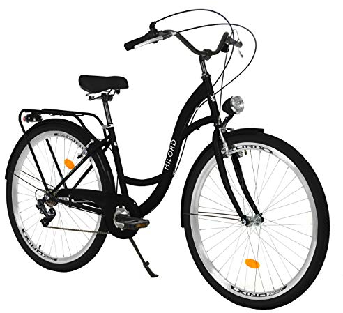 MILORD. 28 Zoll 7-Gang schwarz Komfort Fahrrad mit Rückenträger, Hollandrad, Damenfahrrad, Citybike, Cityrad, Retro, Vintage