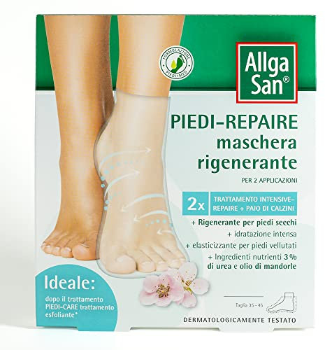 Allga San Piedi Repaire - Maschera Piedi Idratante Rigenerante 28 ml con Calzini Idratanti per Piedi Secchi e Talloni Screpolati - Concentrato Attivo, 2 Paia di Calzini per due Applicazioni