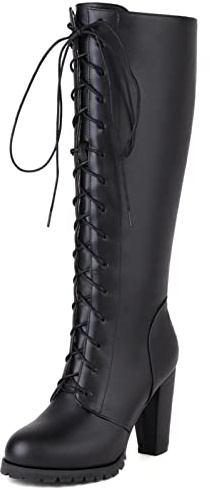 Mo Joc Bottes Hautes pour Femmes avec Talons Carrés | Bottes de Style Chevalier à Bout Rond avec Fermeture éclair Latérale et Lacets, Doublure Chaude pour L'automne-Hiver