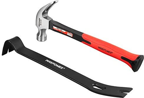 MAXPOWER Hammer and Pry Bar Set, 20oz Claw Hammer &15-inch Flat Pry Bar
