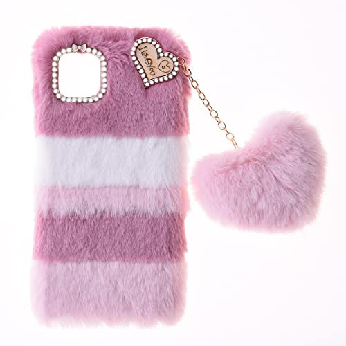 Samsung Galaxy A22 5G Fluffy Fur Plush Protective Case - Soft Warm Love, Bling Diamond Cover, TPU Cell Phone Case for Girls, Collage Pink