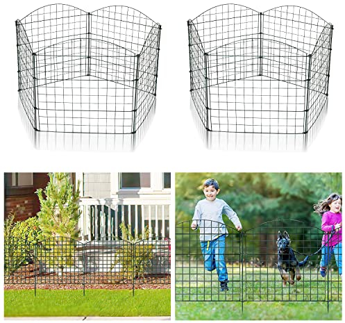 Izrielar Teichzaun Gartenzaun Komplettset, 22 Stück Metall Gitterzaun, Steckzaun Set - 10 Zaunelemente 12 Befestigungsstäbe (Oberbogen), Zaun für Hunde, Länge 7,5 m Metallzaun Grün