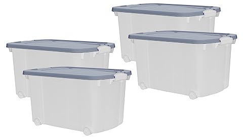 4x Aufbewahrungsbox 45L mit Deckel farbig Rollen Clipverschluss B60xT40xH32 Kunststoff Box Stapelbox Spielzeugkiste Lager transparent stapelbar Stapelboxen für Kleidung Spielzeug Deko Aufbewahrung Set