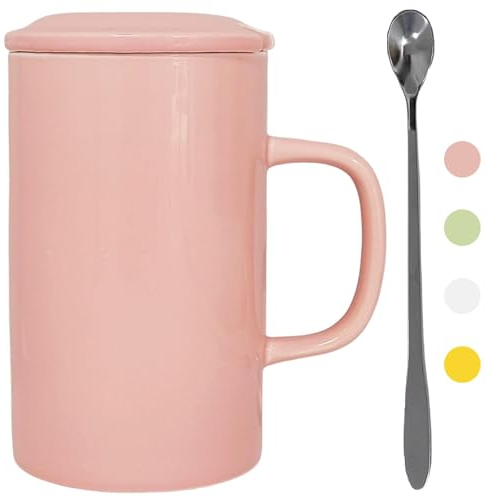 NIUKOMY Taza de Café Muy Grande 1000ML, Tazas de Té Extra Grande de Cerámica, Taza Gigante Porcelana, XXL Big Mug 1 litro con Tapa y Cuchara, Rosa