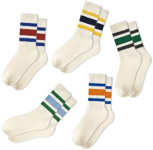 American Trends Chaussettes rayées rétro pour femme - Chaussettes molles athlétiques pour femme, Lot de 5 noir-vert, noir, jaune, bleu, rouge, bleu, vert, bleu-orange, taille unique