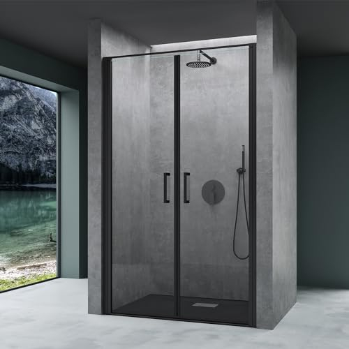 Mai & Mai Box Doccia 120x195cm, Box Doccia a Nicchia con Porte Pieghevoli Cabina Bagno in Cristallo Trasparente con Sistema Rotatorio di Sollevamento Nero Teramo66K schwarz