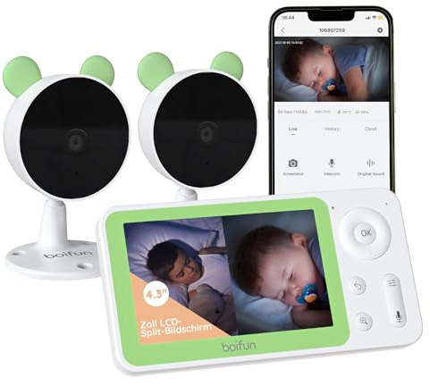 BOIFUN Babyphone mit 2 Kameras und App, Split-Screen-Ansicht, Bewegungs/Geräuscherkennung, 4×Zoom, 4,3 1080p WLAN Babyfon, VOX Modus, Fütterungserinnerungen, Zonenalarme, Wiegenlied, 300m Reichweite