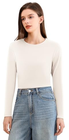 Camiseta Térmica Mujer Manga Larga con Forro Polar, Ropa Interior Térmica Elástica, Capa Base Cálida para Invierno, Cuello Redondo, Alto o Cisne (90055-Khaki, L-XL)