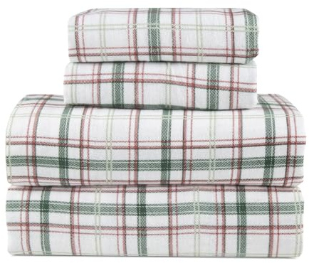 Flannel Sheets Twin Size Rich Cotton -High GSM Flannel Bed Sheet Deep Pockets - Warm & Cozy Flannel Sheet Set for All Seasons (Plaid Green/Red)