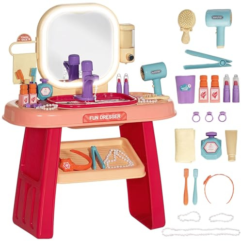 AIYAPLAY Tavolo Toeletta per Bambine 3-6 Anni con Specchio in Acrilico e Rubinetto, Gioco per Bambini in Plastica, 55x29x71 cm, Rosa