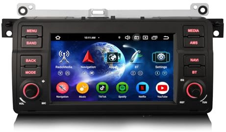 Erisin 8-Core 4GO RAM+64GO ROM Android 14 Autoradio GPS pour BMW Série 3 M3 E46 318 320 Rover 75 MG ZT 7 Pouces Écran Tactile Bluetooth 5.0 sans Fil CarPlay Android Auto Dab+ FM Radio DSP WiFi Canbus