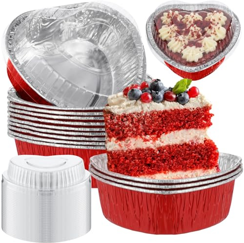 Honeydak 25 Pcs Heart Shaped Cake Pans for Baking with Lids 6 oz / 180ML Valentine's Aluminum Foil Cupcake Cups Mini Heart Cake Liners Disposable Baking Tins for Wedding Anniversary Dessert