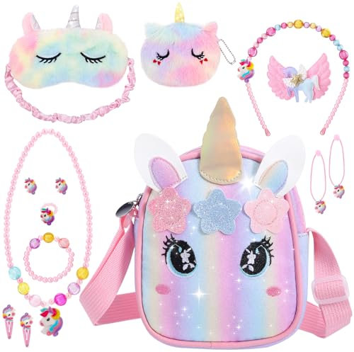 patinadrift Einhorn Tasche Mädchen,Einhorntasche Schmuck Set Einhorn Kinderschmuck Schlafmaske Kinder Geschenke für Mädchen 2 3 4 5 6 Jahre Geburtstagsgeschenk