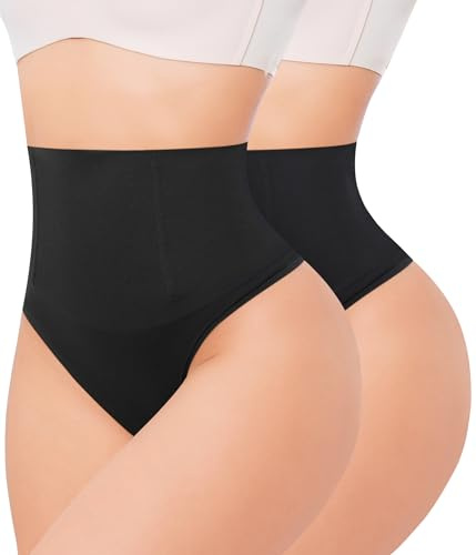 Nebility Tummy Control Thong Shapewear for Women High Waist Control Knickers Seamless Waist Trainer Panties Slimming Girdle Body Shaper Shaping Underwear 2-Pack(L, Black + Black)